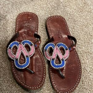 Sandals from Ghana.  Pink, blue, and white beading.
